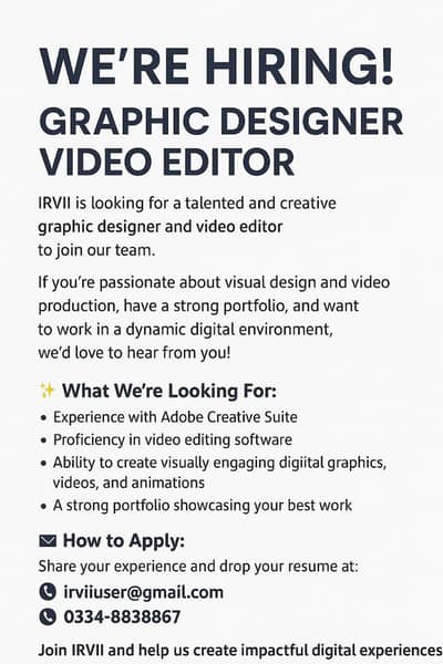 Intermediate Graphic Designer+Video Editor Required