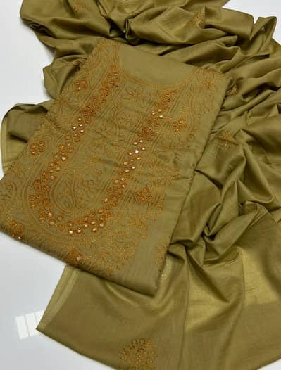 Elegant Olive Green Embroidered Unstitched Suit