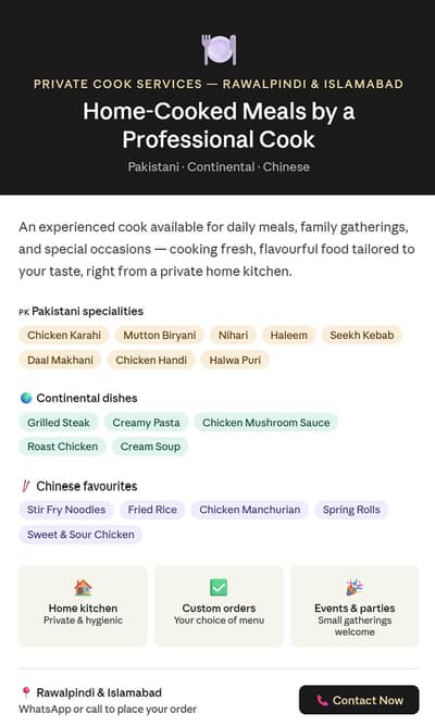 Private Cook Services  Freshly Cooked Meals
