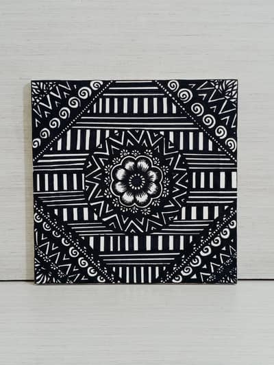 Handmade Black & White Mandala Canvas Painting (10×10 Inch)