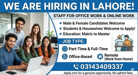 Office & Online Work Jobs Available – Male/Female (Lahore)