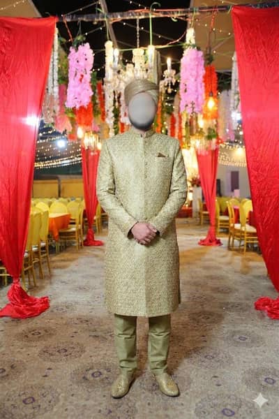 Designer Sherwani + Turban + Topi - Wedding dress-Unused like new
