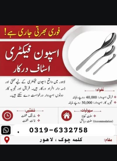 spoon factory urgent hiring male &females staff required