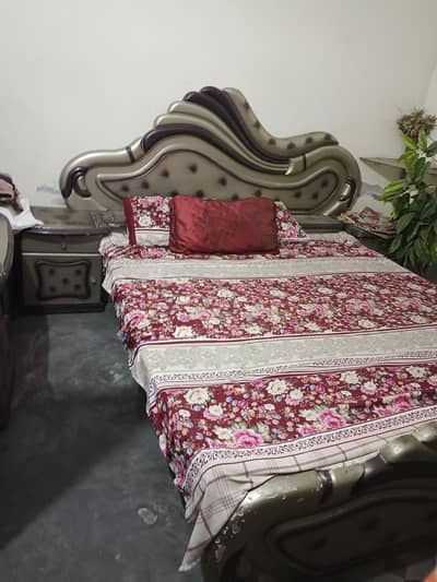 wooden King size bed with mattress 2 side tables and dressing table