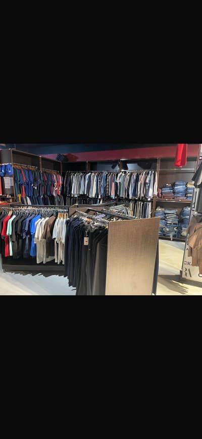 Complete wood shelve rack with rods clothing store setup
