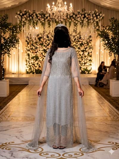 Designer Style Grey Net Maxi with Heavy Sequin Work & Cape Sleeves