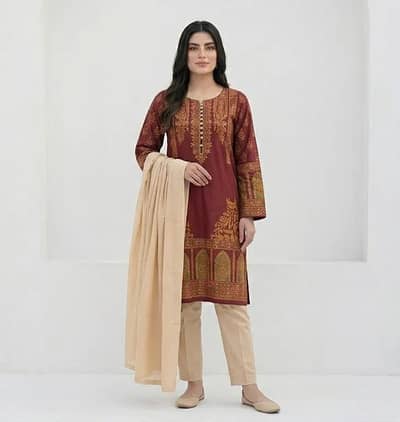 Maroon block printed Arabic lawn Set