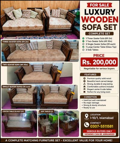 7-Seater Solid Wood Sofa Set with Glass Center Table & Side Tables