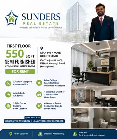 Prime Location Corporate Office For Rent | DHA Ph 7 Khe Ittehad (KPT Flyover Junction) | 550 Sq Ft | Move-In Ready Architect-Designed Office | Executive Chamber + Open Space | Corner Building |