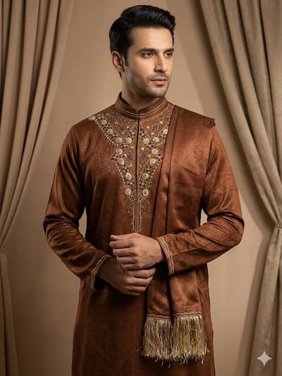 Men's Wedding dress sherwani, scarf, shalwar Brown