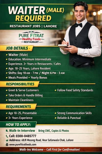 Waiter (Male) required | Restaurant Jobs | Lahore