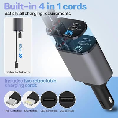 4 in 1 Fast Car Charger with Dual USB Ports & LED Display, (120W)