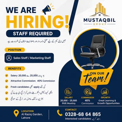  Sales Staff Required – Mustaqbil Group | Salary 20-25K + 40% Commi