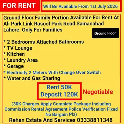 6Marla Ground Floor Family Portion For Rent At Link Rasool Park Lahore