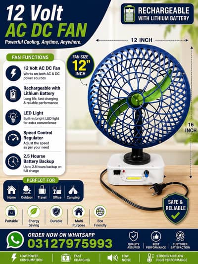 12Volt Rechargeable Fan with Lithium battery