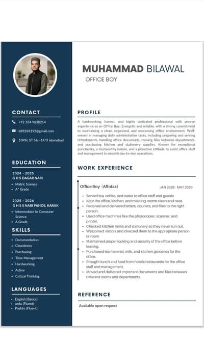 Experienced Office Boy Available in Islamabad / Rawalpindi