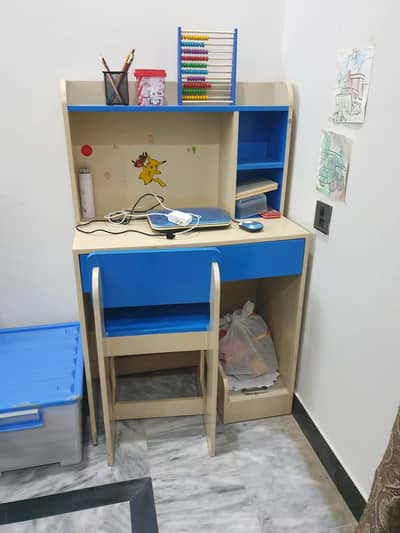 Kids Study Table Chair Set Blue Shelves Drawers