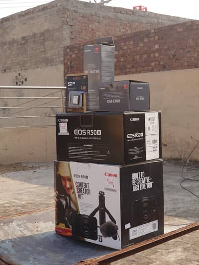 canon r50v creater kit and rf to ef mount with 50mm stm ef lens.
