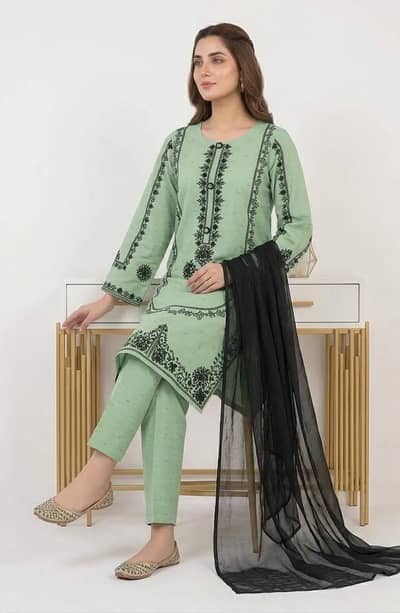 Beautiful Green Embroidered Kurta Set with Black Shawl