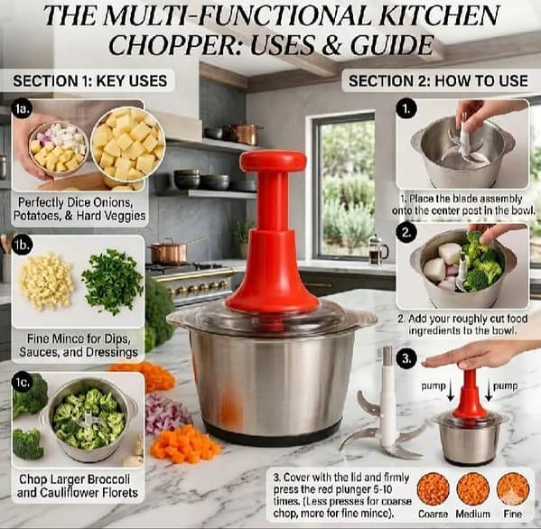 4-in-1 Multi-Functional Stainless Steel Manual Kitchen Chopper – Heavy Duty Vegetable Dicer, Mincer & Meat Grinder – Smart Hand Press Plunger Design for Fast & Effortless Cooking!