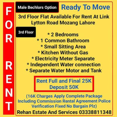 3rd Floor Bechlors Flat For Rent At Link Lytton Road Mozang Lahore