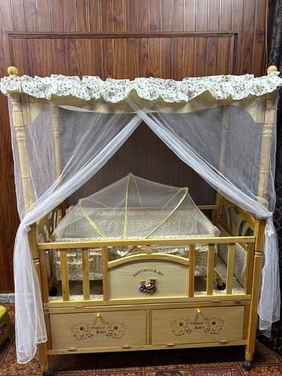 Imported Wooden Baby Cot with Canopy & Mosquito Net – Premium Quality