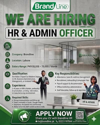 HR & Admin Officer Required in Lahore – Salary 55k to 70k