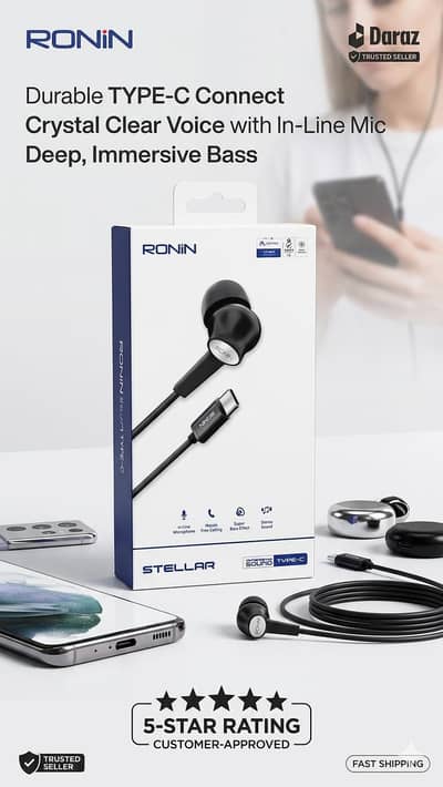 RONIN steller type c earphones with in line mic deep bass