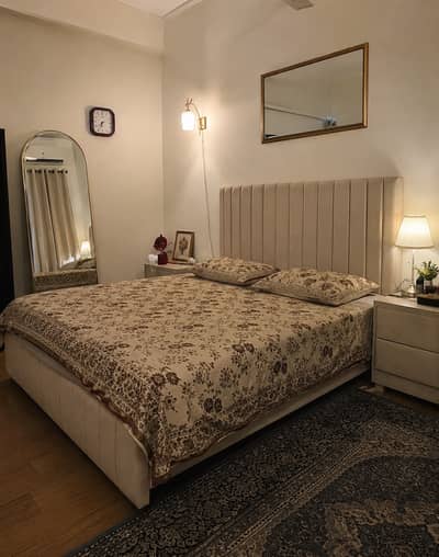 Modern King Size Bed with Cushioned Headboard