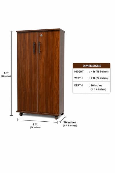 New ZR Wooden Wardrobe Almari 4ft × 2ft – Wheels, Lock & Handle