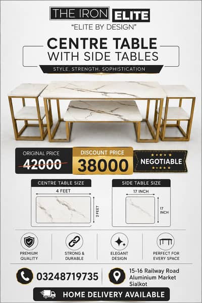 New Centre Table 4' x 2' with 2 Side Tables