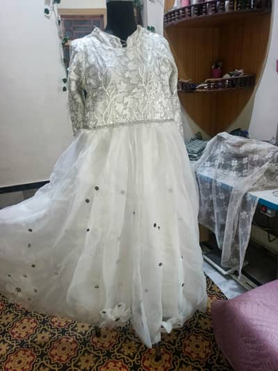 white organza frock with ruffle dupatta and stitched cancan