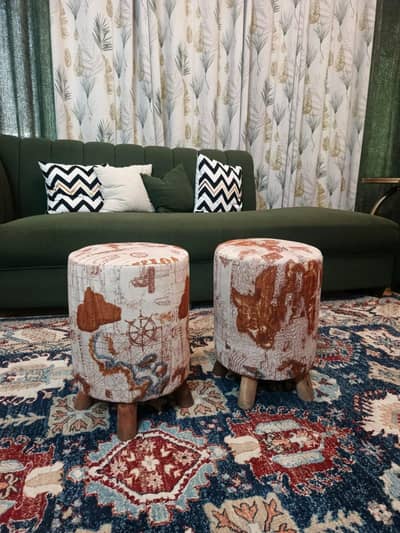 Pair of Decorative Ottoman Stools — World Map Print