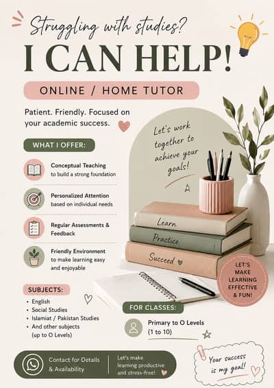Female Home Tutor Available in Karachi | Classes 1-10