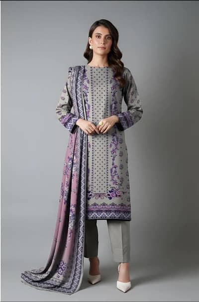 Grey Printed Dobby Lawn 3Pcs Women Suit