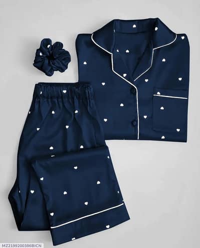 2 PCs women's stitched silk printed Night Suit