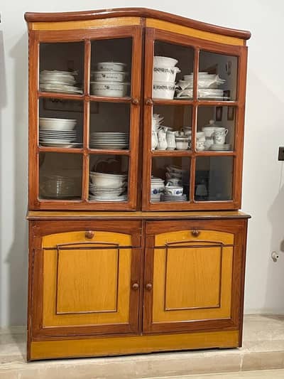 Large Wooden Crockery Almari / Cabinet with Glass Doors & Drawers