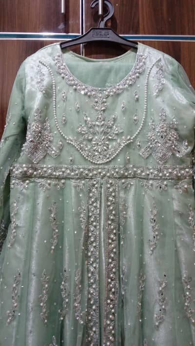 Mint Green Organza maxi, Wedding and party wear Heavy silver embroidry