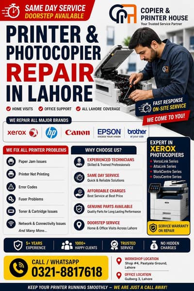 Xerox VersaLink, HP, Canon, Epson Printer Repair in Lahore