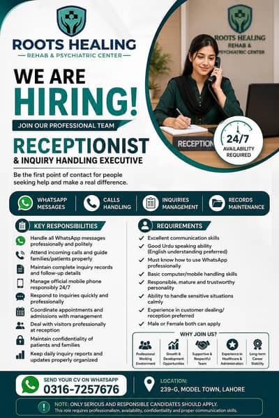 Receptionist & Whatsapp Inquiry Handling Staff required in Lahore