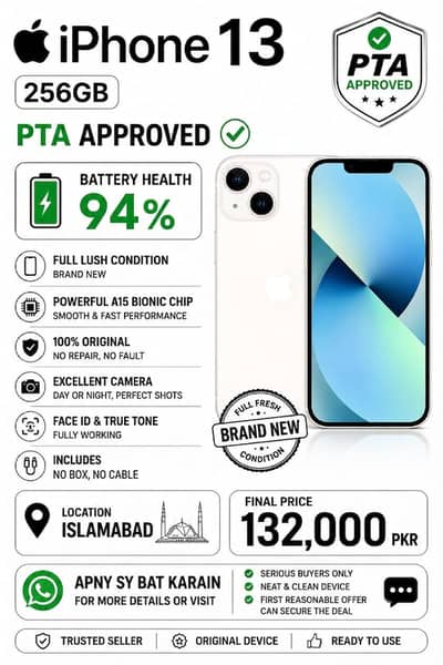 Apple iPhone 13 pta approved 256 GB Whatsapp 03126889997