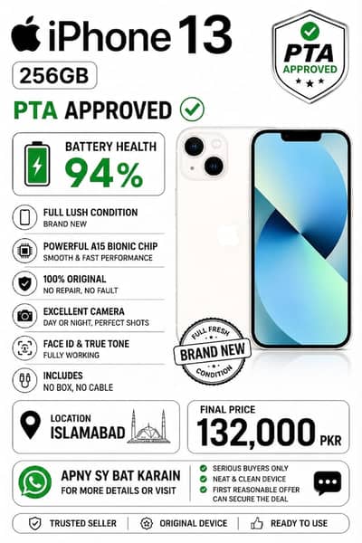 Apple, Iphone 13 PTA approved 256Gb