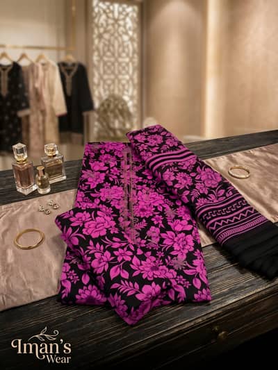 Hot Pink Floral Lawn 3PC Black Base Digital Print COD