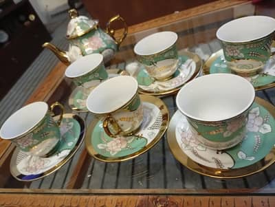 Alfa decor 14 pcs Mint Green Golden Tea set | bone china display