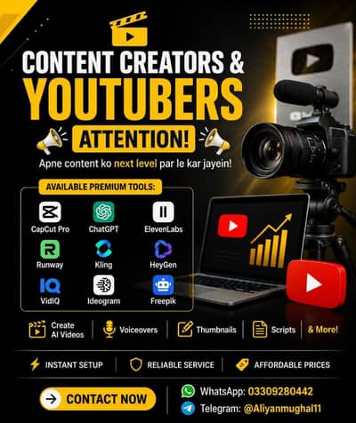 Capcut pro, Eleven labs, Runway, Kling, Heigen premium available