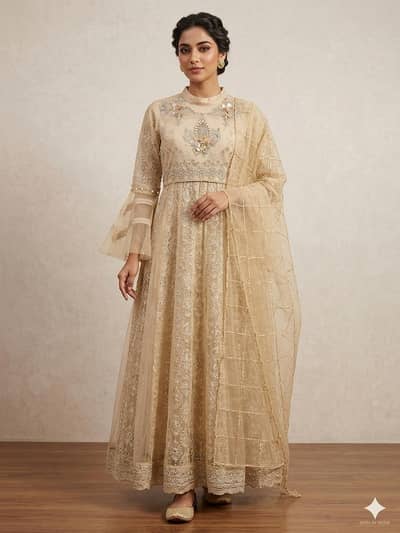 Elegant Beige Embroidered Party Wear Anarkali Suit with Dupatta