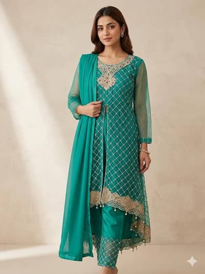 Elegant Teal Green Embroidered tail gown with Dupatta – Party Wear