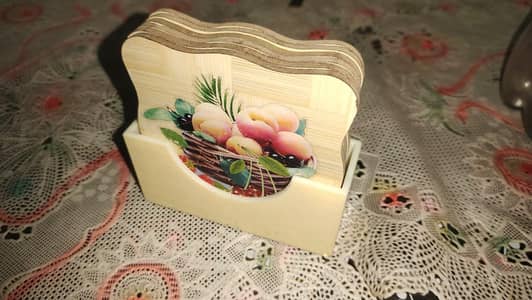 Wooden Fruit Print Coaster Set - 6 Pcs + Stand - Good Condition
