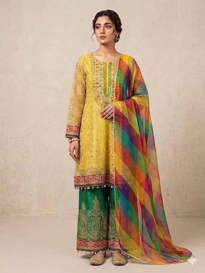 luxury mustard yellow embroidered chiffon short frok