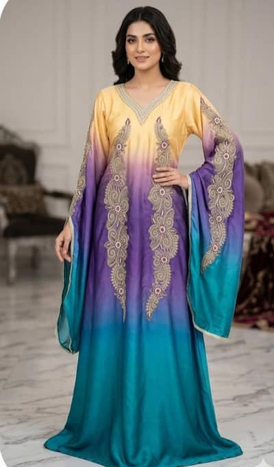 Maxi party wear 3 colour embroidery dress with long stylish sleeves